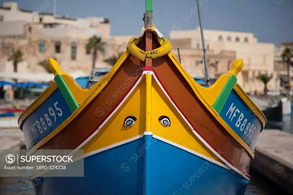 Fishing boat with Eyes of Osiris on bow, Marsaxlokk, Malta, Mediterranean, Europe