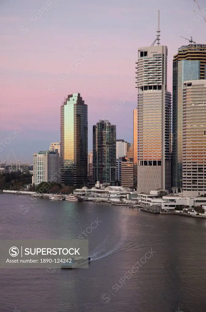 Catamaran ferry on Brisbane River and city centre, Brisbane, Queensland, Australia, Pacific