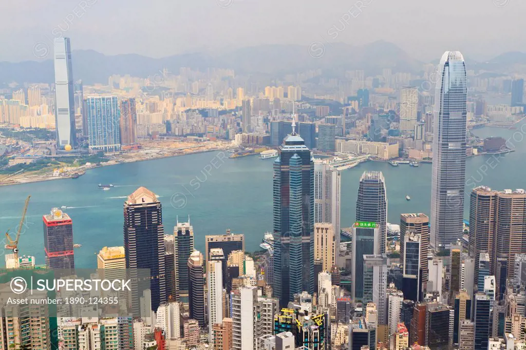 High view of Hong Kong skyline and Victoria Harbour from Victoria Peak, Hong Kong, China, Asia