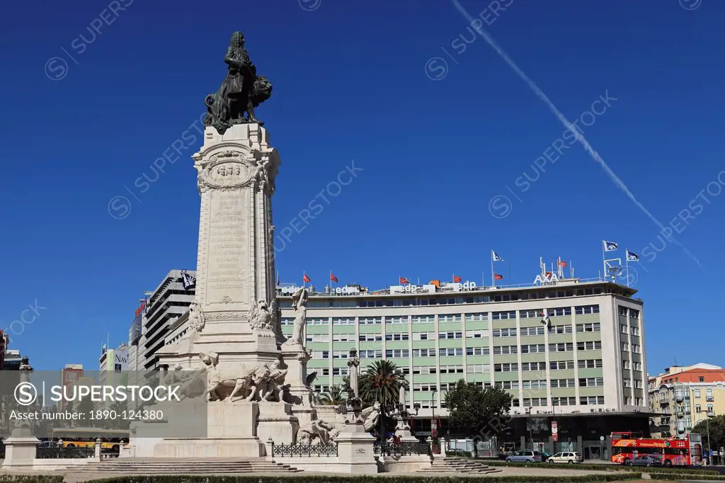 The Marquess of Pombal Monument, a major roundabout and landmark in Praca do Marques de Pombal, central Lisbon, Portugal, Europe