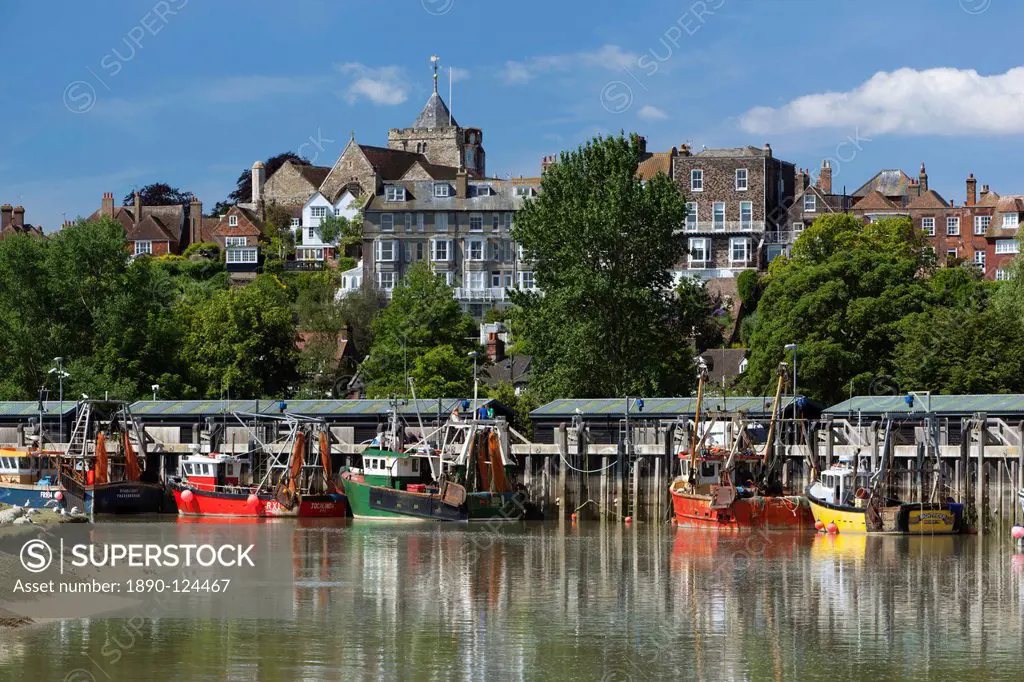Fishing harbour on River Rother, old town, Rye, East Sussex England, United Kingdom, Europe