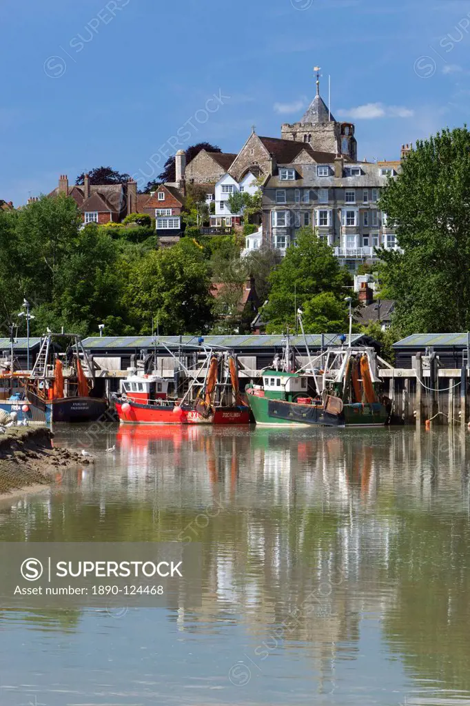 Fishing harbour on River Rother, old town, Rye, East Sussex England, United Kingdom, Europe