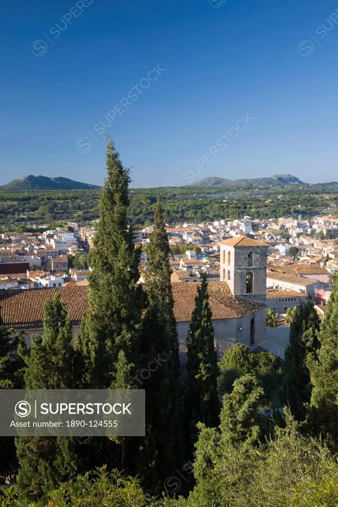 View over town from the Sanctuary of Sant Salvador with the tower of the parish church prominent, Arta, Mallorca, Balearic Islands, Spain, Europe