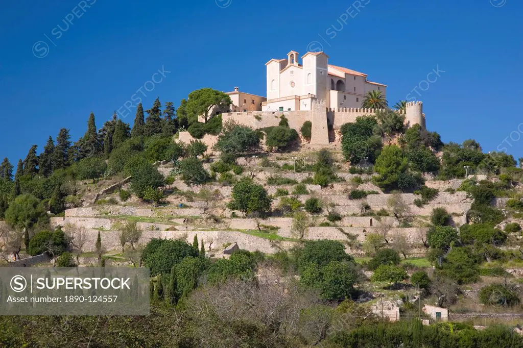 View to the hilltop Sanctuary of Sant Salvador, Arta, Mallorca, Balearic Islands, Spain, Europe