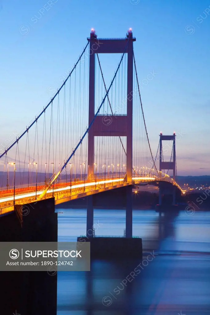 Severn Estuary and First Severn Bridge, near Chepstow, South Wales, Wales, United Kingdom, Europe