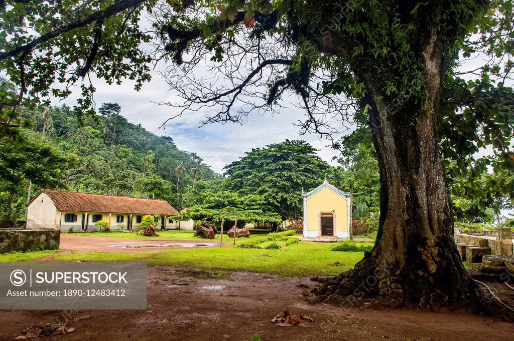Old plantation Roca with a little chapel, Ilheu das Rolas, Sao Tome and Principe, Atlantic Ocean, Africa