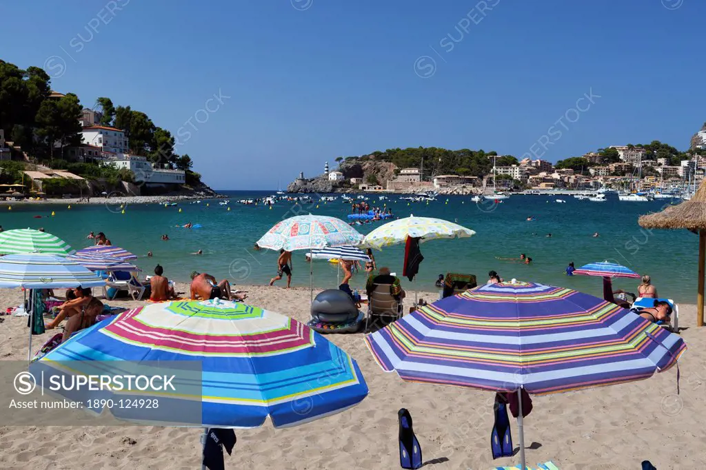 View over beach, Port de Soller, Mallorca Majorca, Balearic Islands, Spain, Mediterranean, Europe
