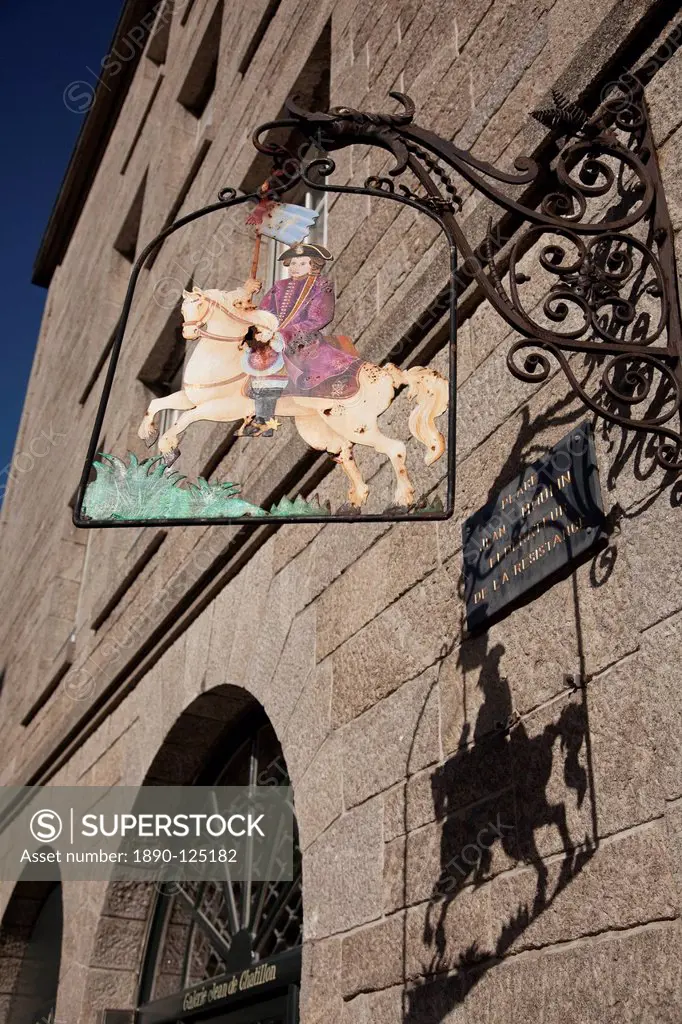 Hanging sign of a horseman, Place Jean Moulin, St. Malo, Brittany, France, Europe