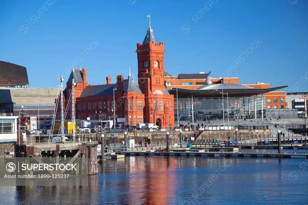 The Senedd Welsh National Assembly Building and Pier Head Building, Cardiff Bay, Cardiff, South Wales, Wales, United Kingdom, Europe