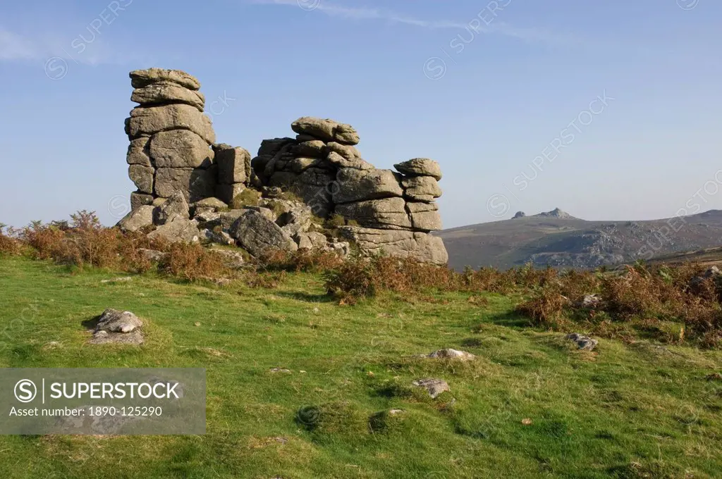 A rock outcrop on Hound Tor with Haytor Rocks on the skyline, Dartmoor National Park, Devon, England, United Kingdom, Europe