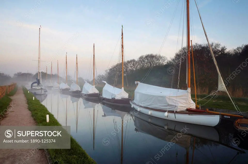 A misty spring morning at Horsey Staithe, Horsey, Norfolk, England, United Kingdom, Europe