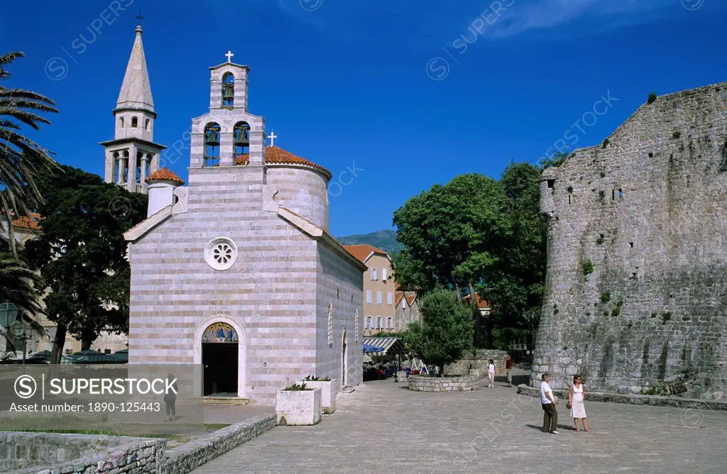 Sveti Trojice Holy Trinity church and Citadel walls, Old Town, Budva, The Budva Riviera, Montenegro, Europe