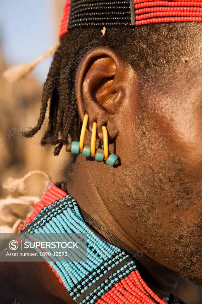 Close_up of earrings worn by a member of the Hamer Tribe, Lower Omo Valley, Ethiopia, Africa