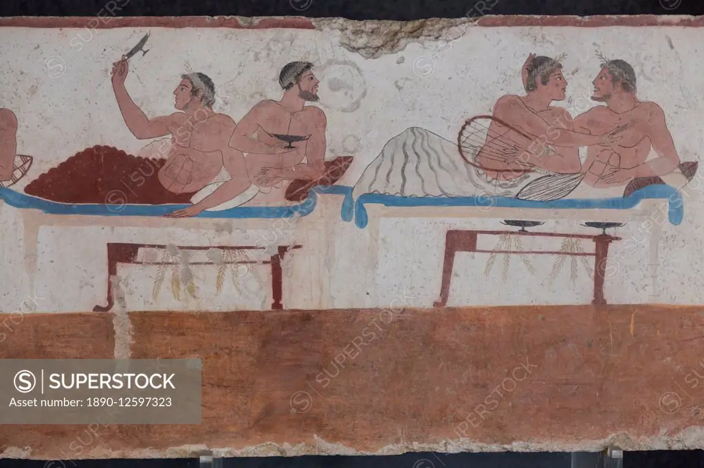 Painted Tomb of the Diver detail, National Archaeological Museum, Paestum, UNESCO World Heritage Site, Campania, Italy, Europe