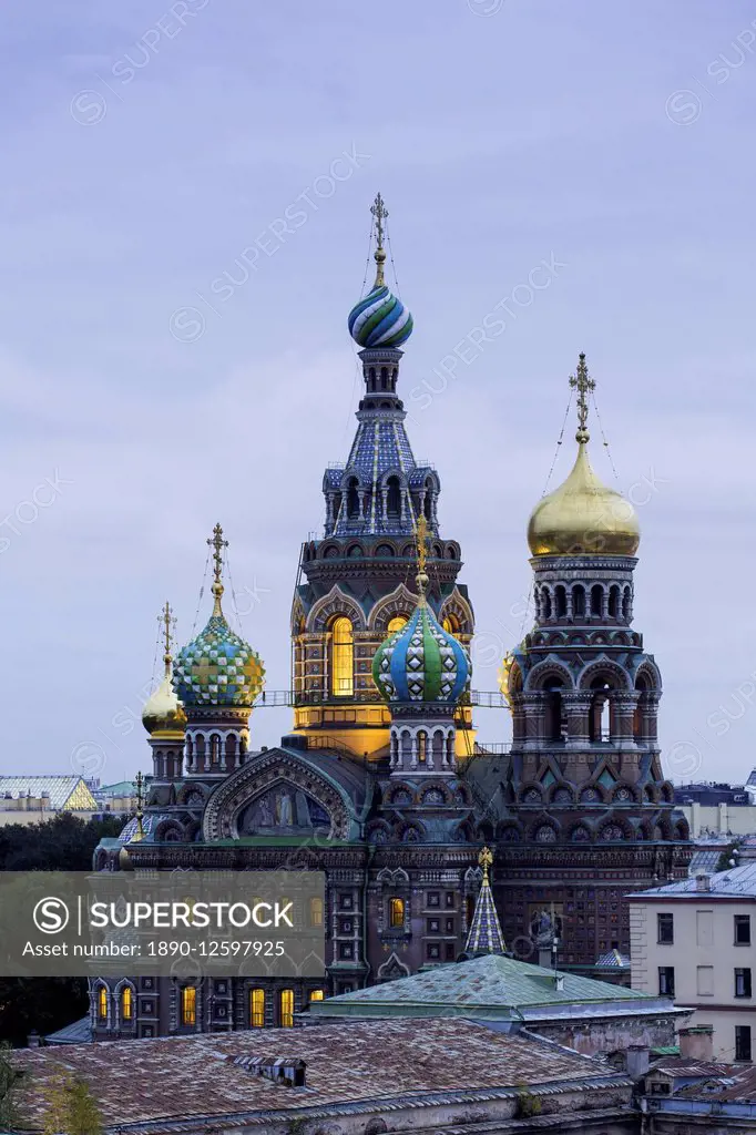 Illuminated domes of Church of the Saviour on Spilled Blood, UNESCO World Heritage Site, St. Petersburg, Russia, Europe