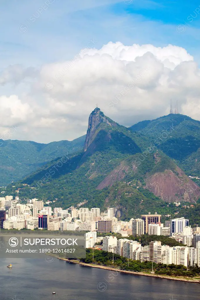 Aerial view of Botafogo Bay, Corcovadao and the Christ statue, Rio de Janeiro, Brazil, South America
