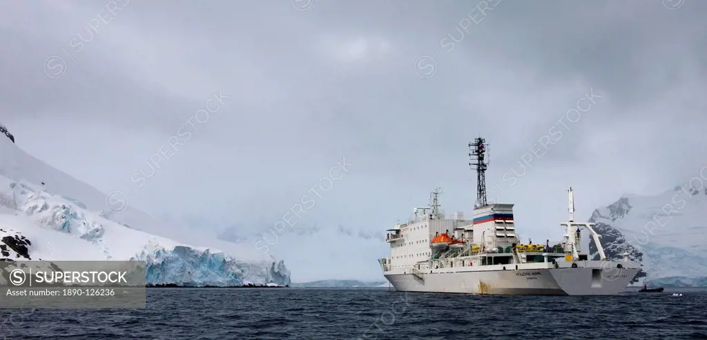 Russian research vessel and tourist ship Akademik Ioffe anchored off Pleneau Island, Antarctic Peninsula, Antarctica, Polar Regions