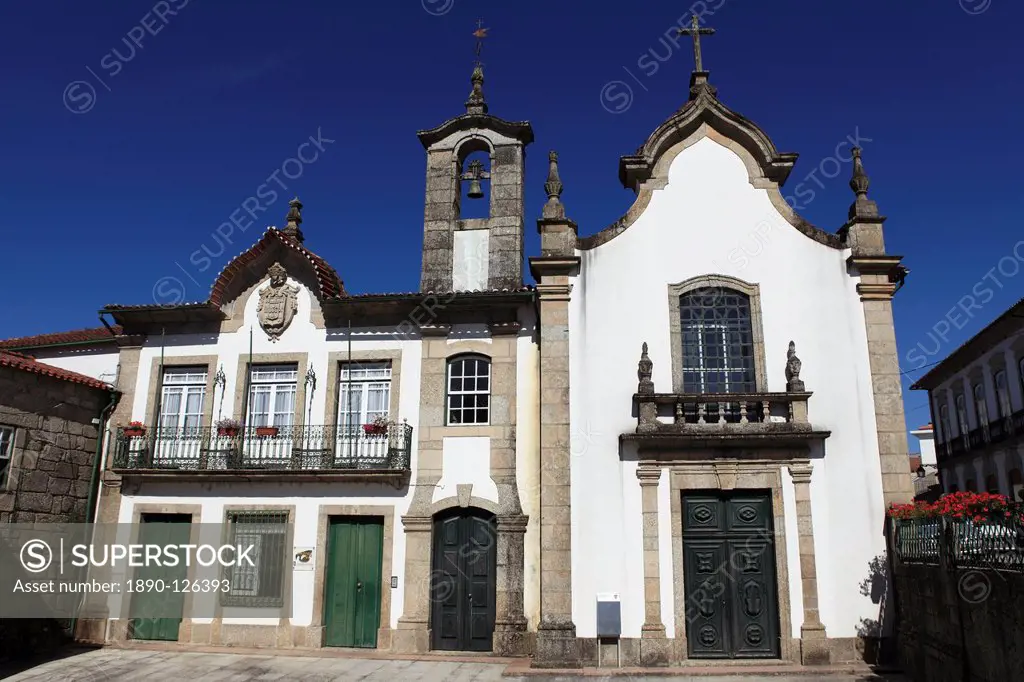 The late 18th century Pombaline_style Pacos do Concelho prison, court and church building at Ponte da Barca, Minho, Portugal, Europe