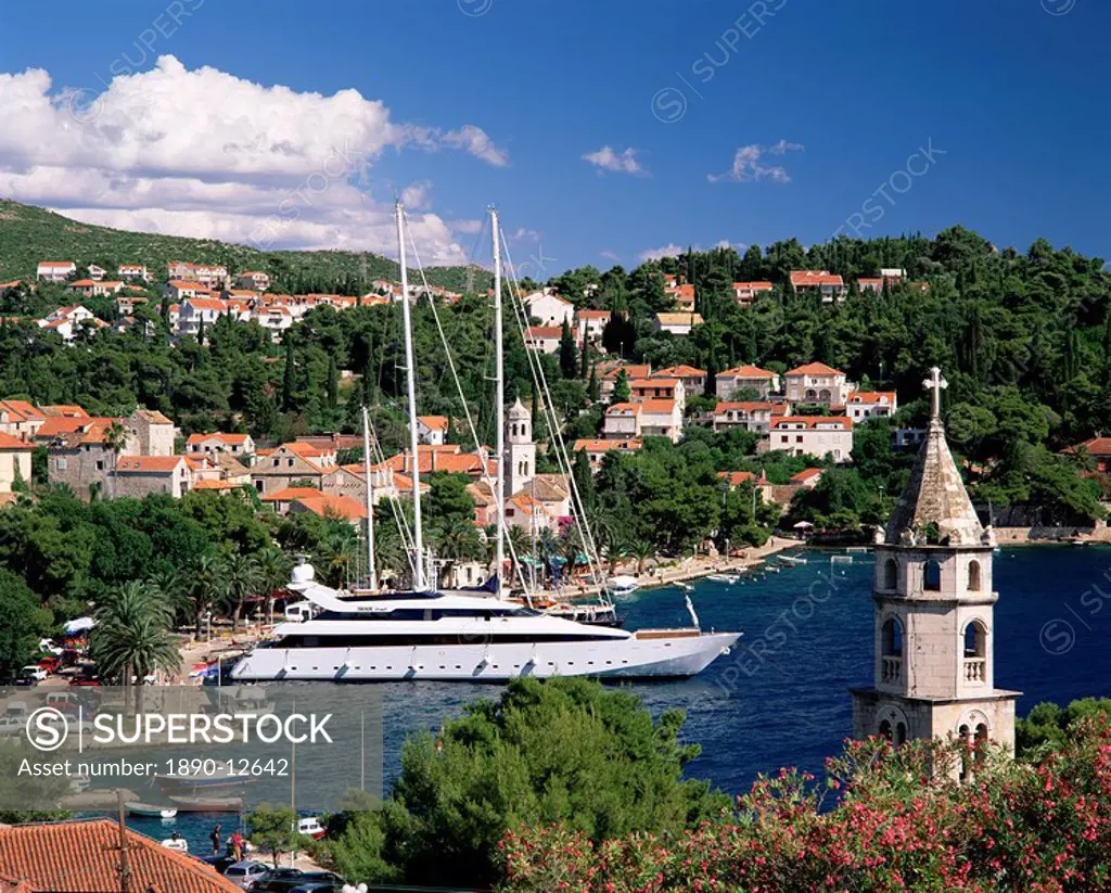 Elevated view of the Old Town and harbour, Cavtat, Dubrovnik Riviera, Dalmatia, Croatia, Europe