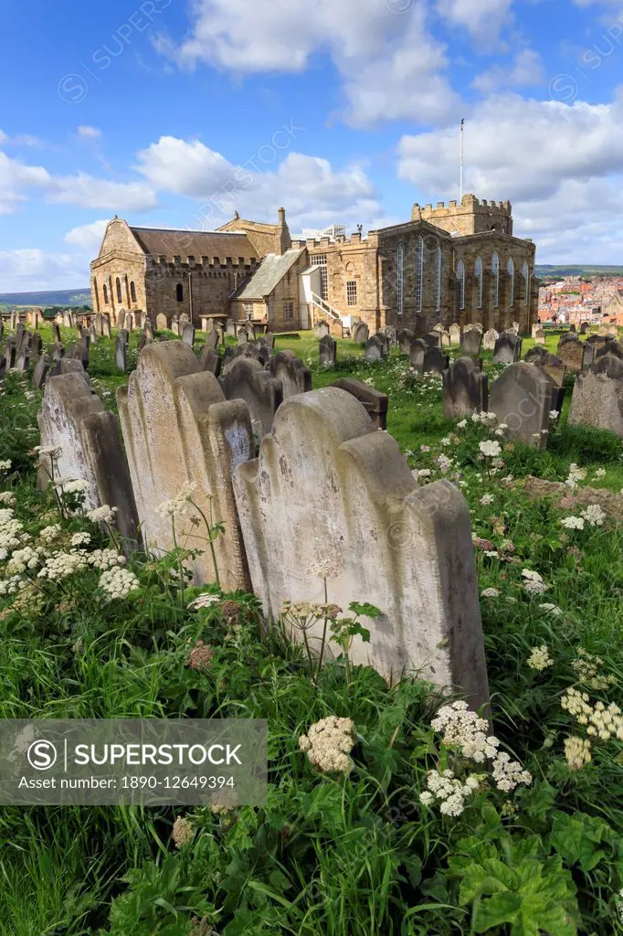 St. Mary's Church, gravestones in churchyard surrounded by cow parsely flowers in spring, Whitby, North Yorkshire, England, United Kingdom, Europe