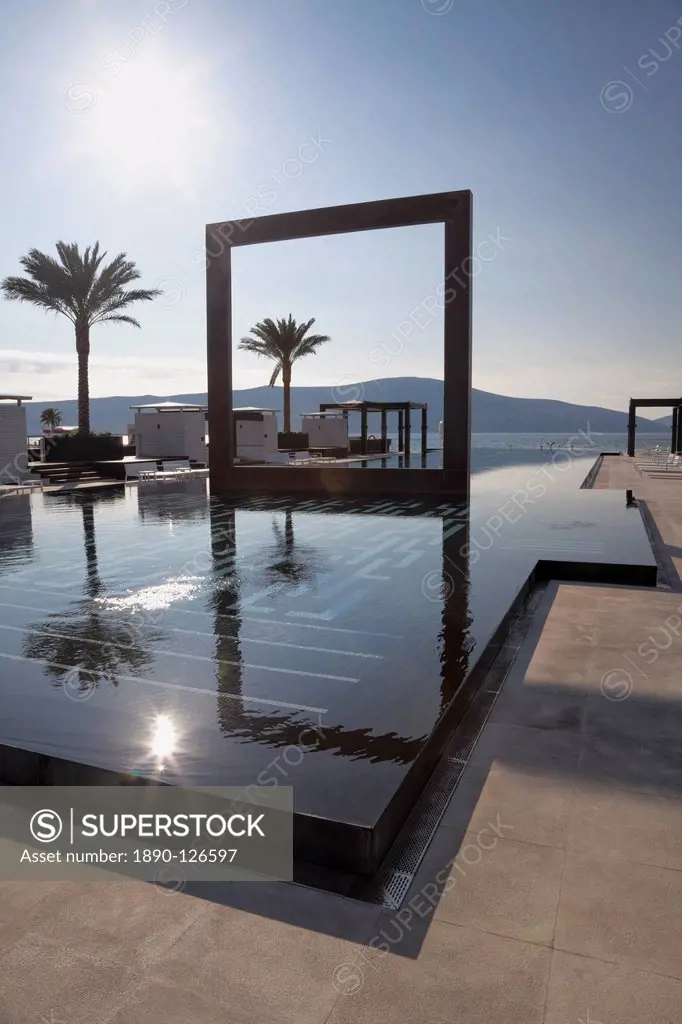 The Lido Mar swimming pool at the newly developed Marina in Porto Montenegro, Montenegro, Europe