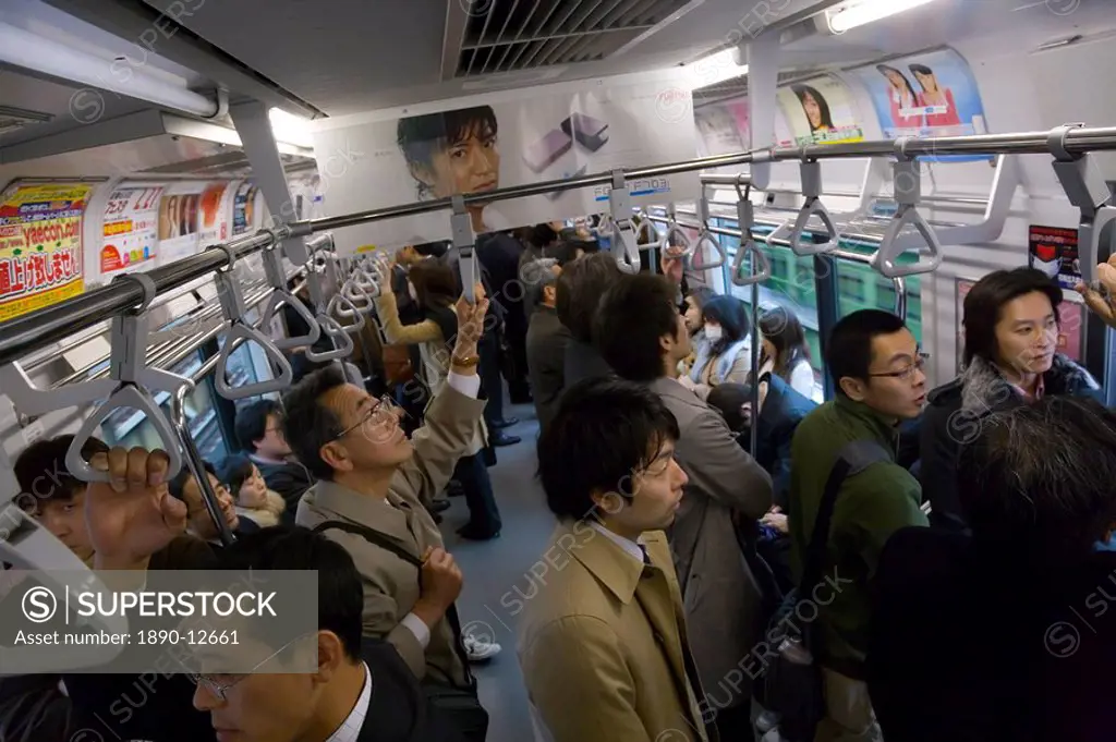 Commuters inside train in rush hour, Tokyo Subway, Tokyo, Honshu, Japan, Asia