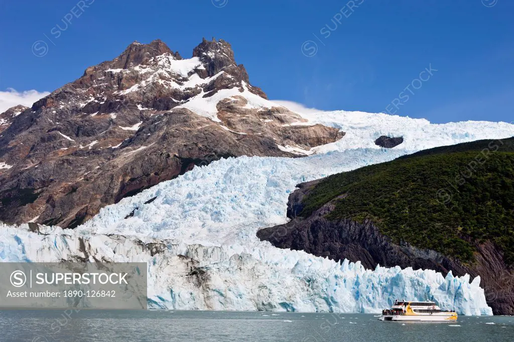 Upsala Glacier and tourist boat in Los Glaciares National Park, UNESCO World Heritage Site, Patagonia, Argentina, South America