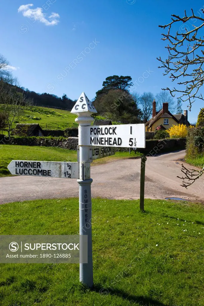 Old fashioned signpost at West Luccombe in Exmoor National Park, Somerset, England, United Kingdom, Europe
