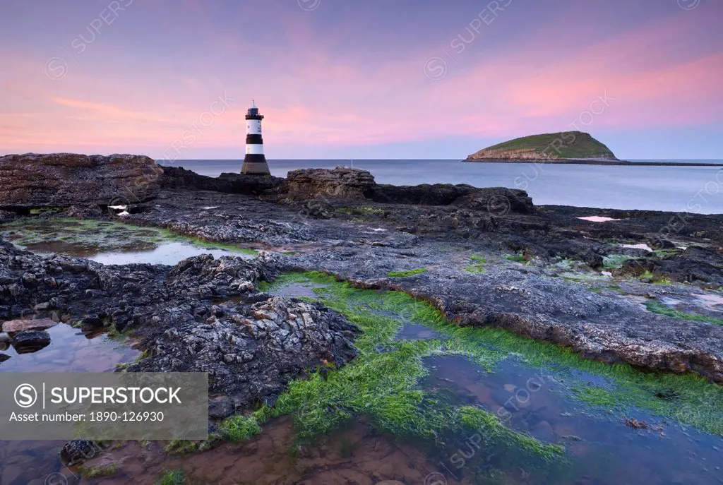 Dusk over Penmon Point Lighthouse and Puffin Island, Isle of Anglesey, Wales, United Kingdom, Europe