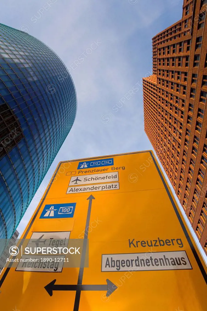 Low angle view of traffic sign and skyscrapers, Potsdamer Platz, Berlin, Germany, Europe