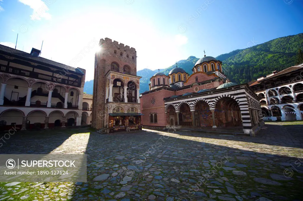 Courtyard, Church of the Nativity and Hrelyo´s Tower, Rila Monastery, UNESCO World Heritage Site, nestled in the Rila Mountains, Bulgaria, Europe