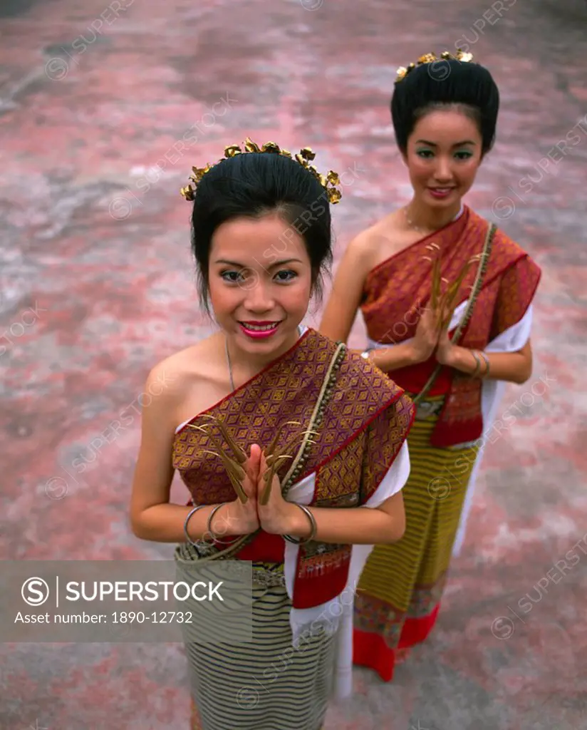 Portrait of two women in traditional Thai costume, Chiang Mai, Thailand, Southeast Asia, Asia