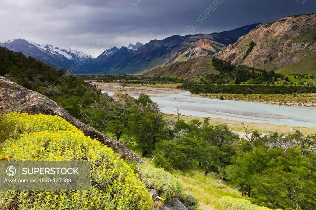 Looking down a braided river valley to the mountains of Los Glaciares National Park, El Chalten, Patagonia, Argentina, South America