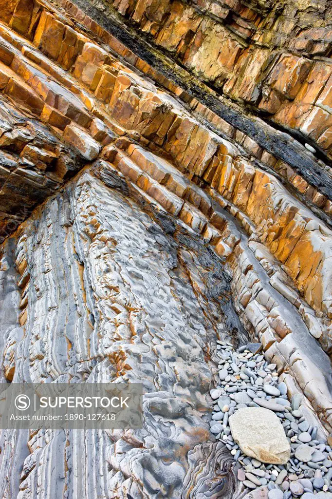 Geological rock strata at Sandymouth Bay in North Cornwall, England, United Kingdom, Europe