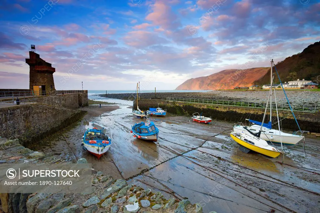 Low tide in Lynmouth Harbour, Exmoor National Park, Devon, England, United Kingdom, Europe