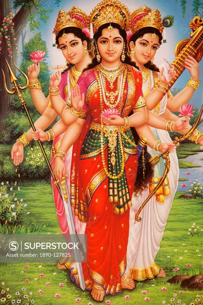 Picture of Hindu goddesses Parvati, Lakshmi and Saraswati, India, Asia