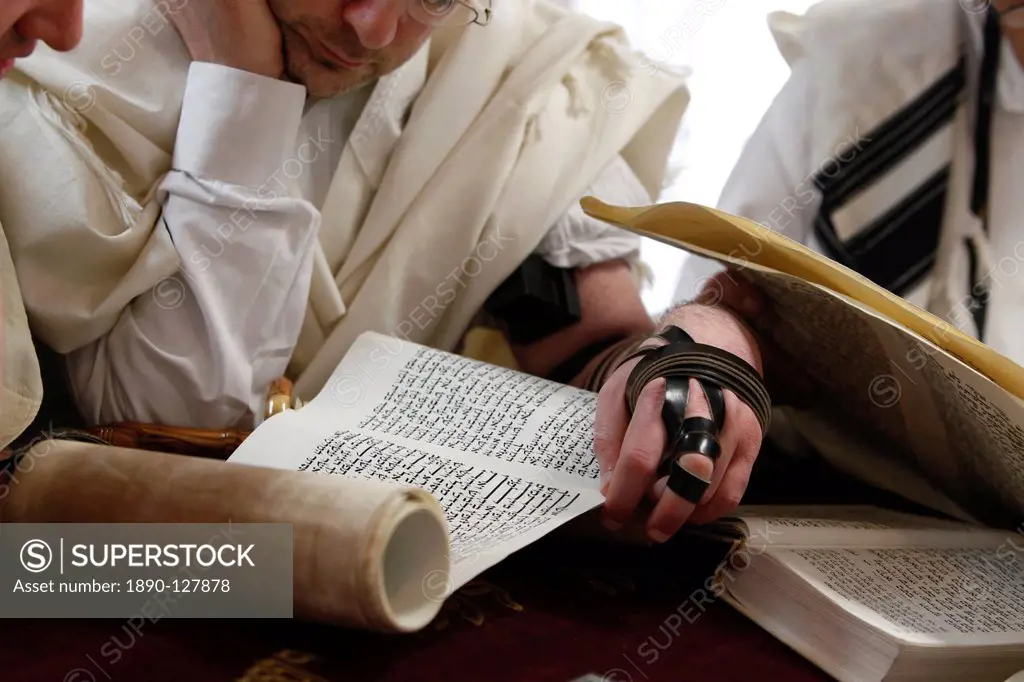 Reading the Book of Esther during Purim celebration in a synagogue, Montrouge, Hauts_de_Seine, France, Europe