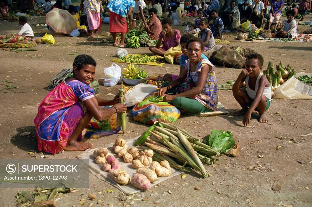 Women selling bananas and vegetables at a market in Madang, Papua New Guinea, Pacific Islands, Pacific