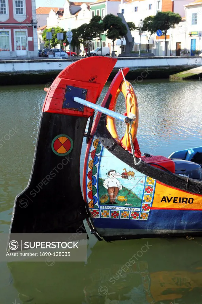 Prow of a colourful, handpainted Moliceiro boat used for sightseeing trips along the canals of Aveiro, Beira Litoral, Portugal, Europe