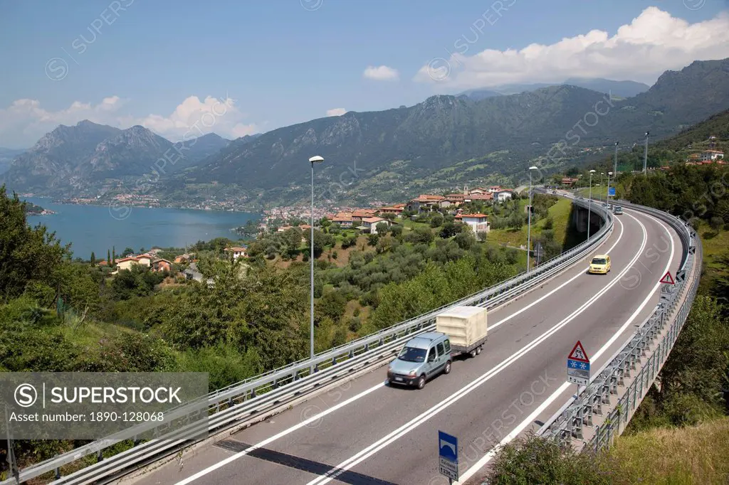 Lake and the S10 road, Lake Iseo, Lombardy, Italian Lakes, Italy, Europe