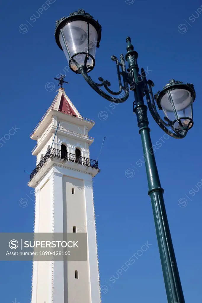 Church tower and lamp, Zakynthos Town, Zakynthos, Ionian Islands, Greek Islands, Greece, Europe