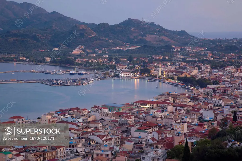 View of town from Strani Hill at dusk, Zakynthos Town, Zakynthos, Ionian Islands, Greek Islands, Greece, Europe