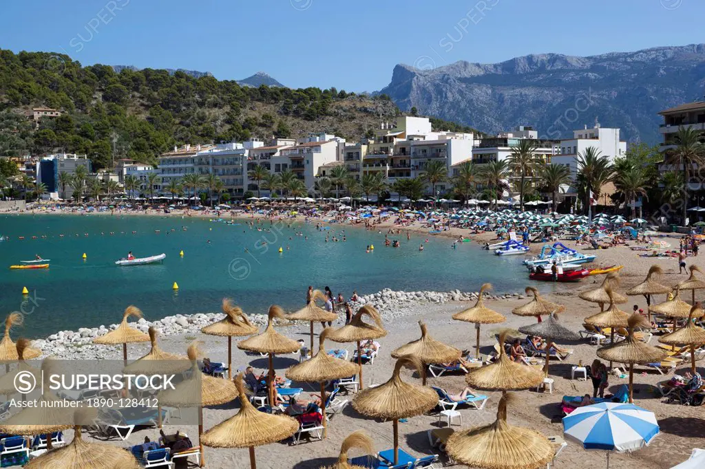 View over beach, Port de Soller, Mallorca Majorca, Balearic Islands, Spain, Mediterranean, Europe