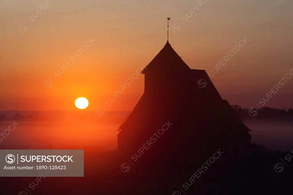 Fairfield church at sunrise, Romney Marsh, near Rye, Kent, England, United Kingdom, Europe
