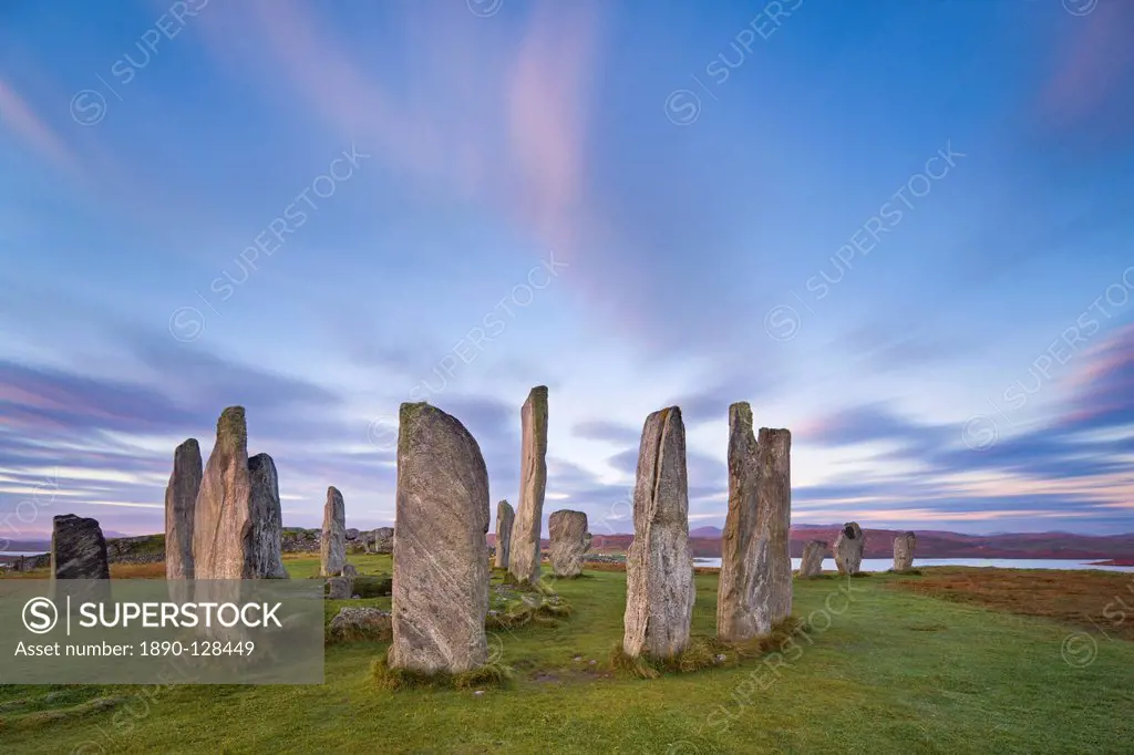 The Lewisian gneiss stone circle at Callanish on an early autumnal morning with clouds forming above, Isle of Lewis, Outer Hebrides, Scotland, United ...