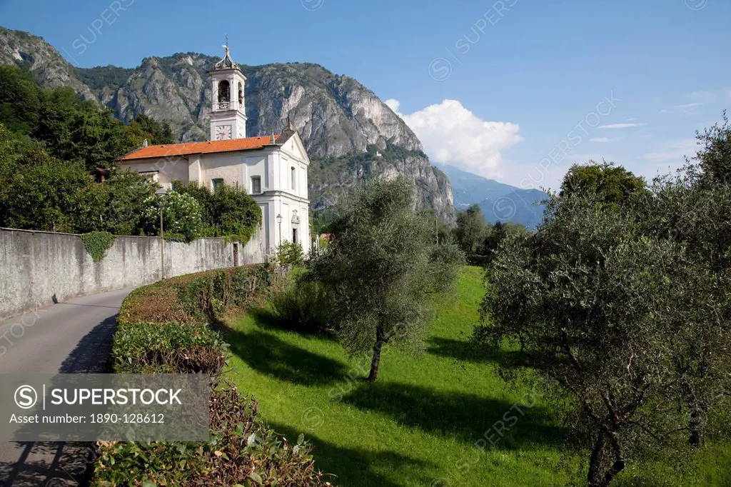 Church and mountains, Cadenabbia, Lake Como, Lombardy, Italy, Europe