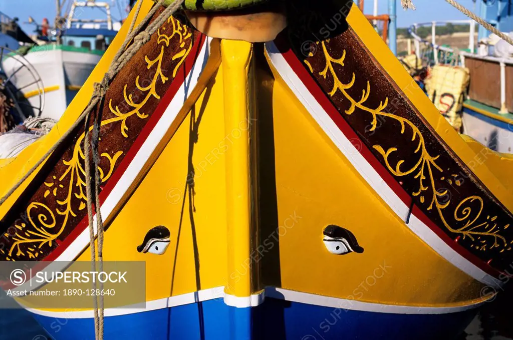 Bow of traditional Maltese Luzzu fishing boat with the Eye of Osiris, Malta, Mediterranean, Europe