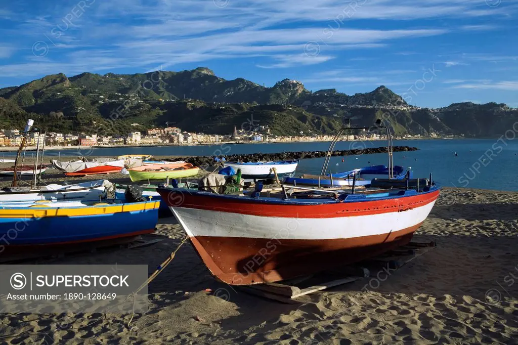 Fishing boats on beach, Giardini Naxos, Sicily, Italy, Mediterranean, Europe
