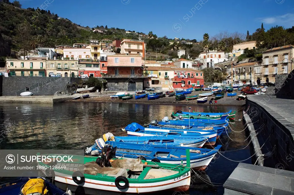 View over fishing harbour, Santa Maria La Scala, Sicily, Italy, Mediterranean, Europe