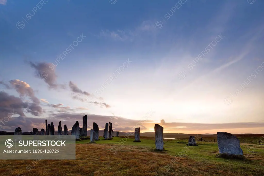 Sunset at Callanish stone circle on the Hebridean island of Lewis, Outer Hebrides, Scotland, United Kingdom, Europe